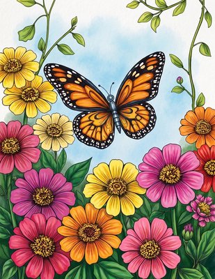 Finished example of the Color by Number page: Butterflies in the Flower Garden