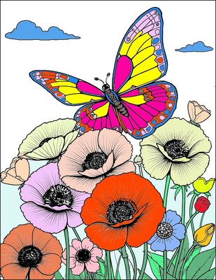 Finished example of the Color by Number page: Butterfly and Garden Flowers