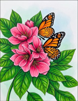 Finished example of the Color by Number page: Butterfly and Lily